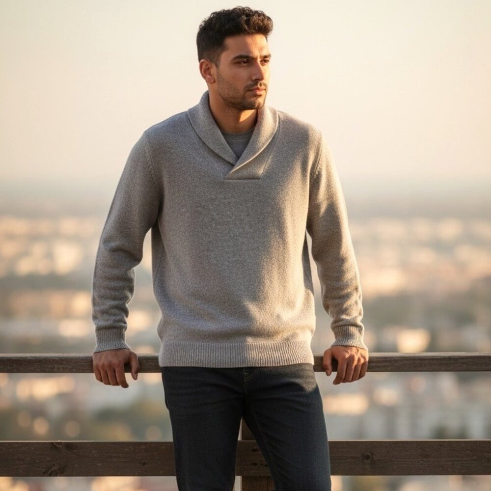 Eddie Bauer Mens Shawl Collar 100% Lambswool Sweater Putty Heather XLT NWT